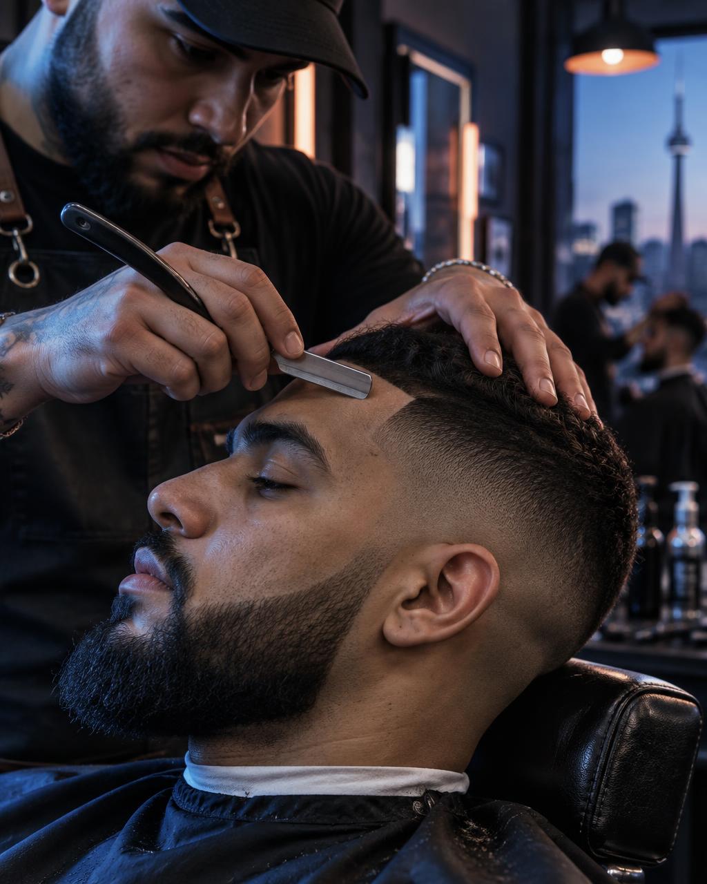 A professional barber shaping a precise hairline with a straight razor